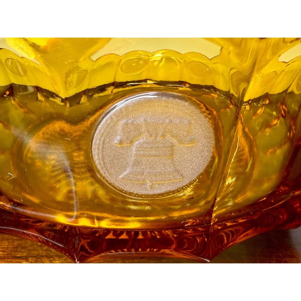 Vintage Fostoria Amber Coin Glass Bowl 7.5” Liberty Bell Scalloped